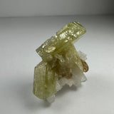 Pale yellow Brazilianite crystals with a translucent, prismatic structure forming atop a cluster of white Albite crystals with a rough texture, shown on a plain background.