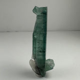 Tall bluish-green indicolite tourmaline crystal standing upright with a smaller clear crystalline formation attached at the base, set against a plain light background.