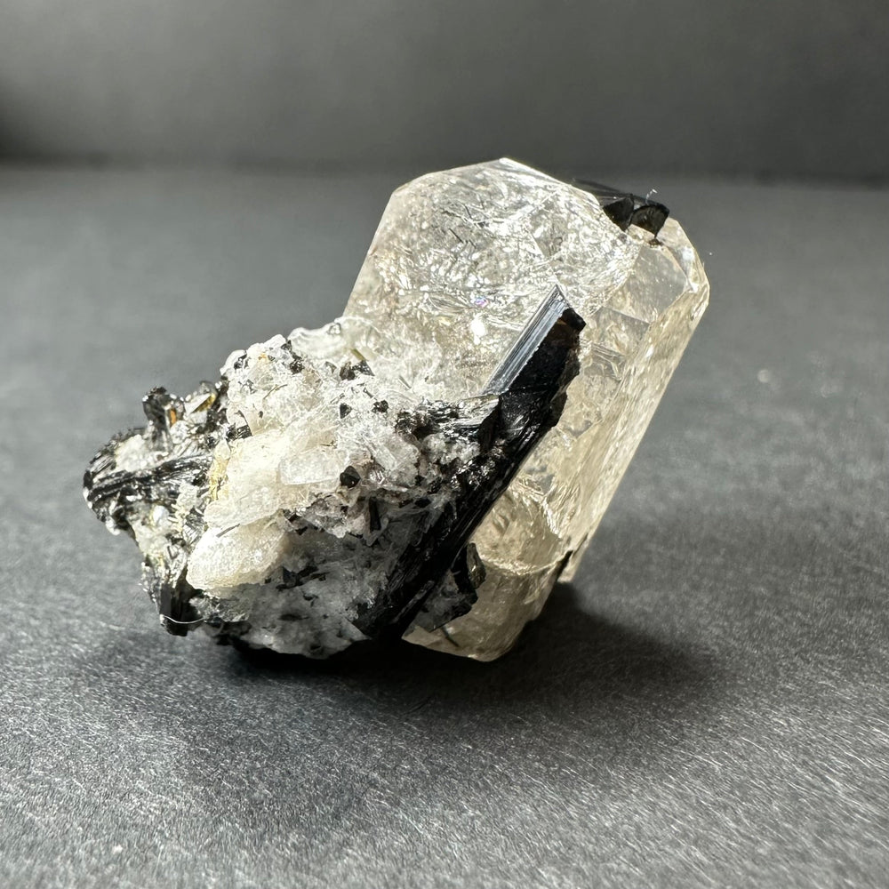 White Topaz crystal with black tourmaline inclusions from Mt.
Antero, San Isabel National Forest, Colorado