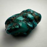 Irregular turquoise nugget with dark matrix patterns contrasting bright blue-green surface, photographed against a plain light background.