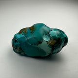 Turquoise nugget from the Southwestern United States with vibrant blue-green hues and dark brown matrix veins, shown on a neutral gray background.