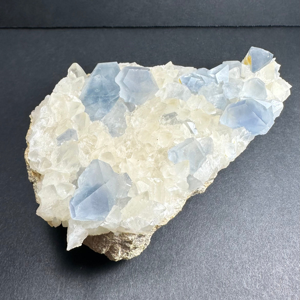 Light blue celestite crystals with translucent scalenohedral calcite formations on a rough matrix, displayed on a dark surface.
