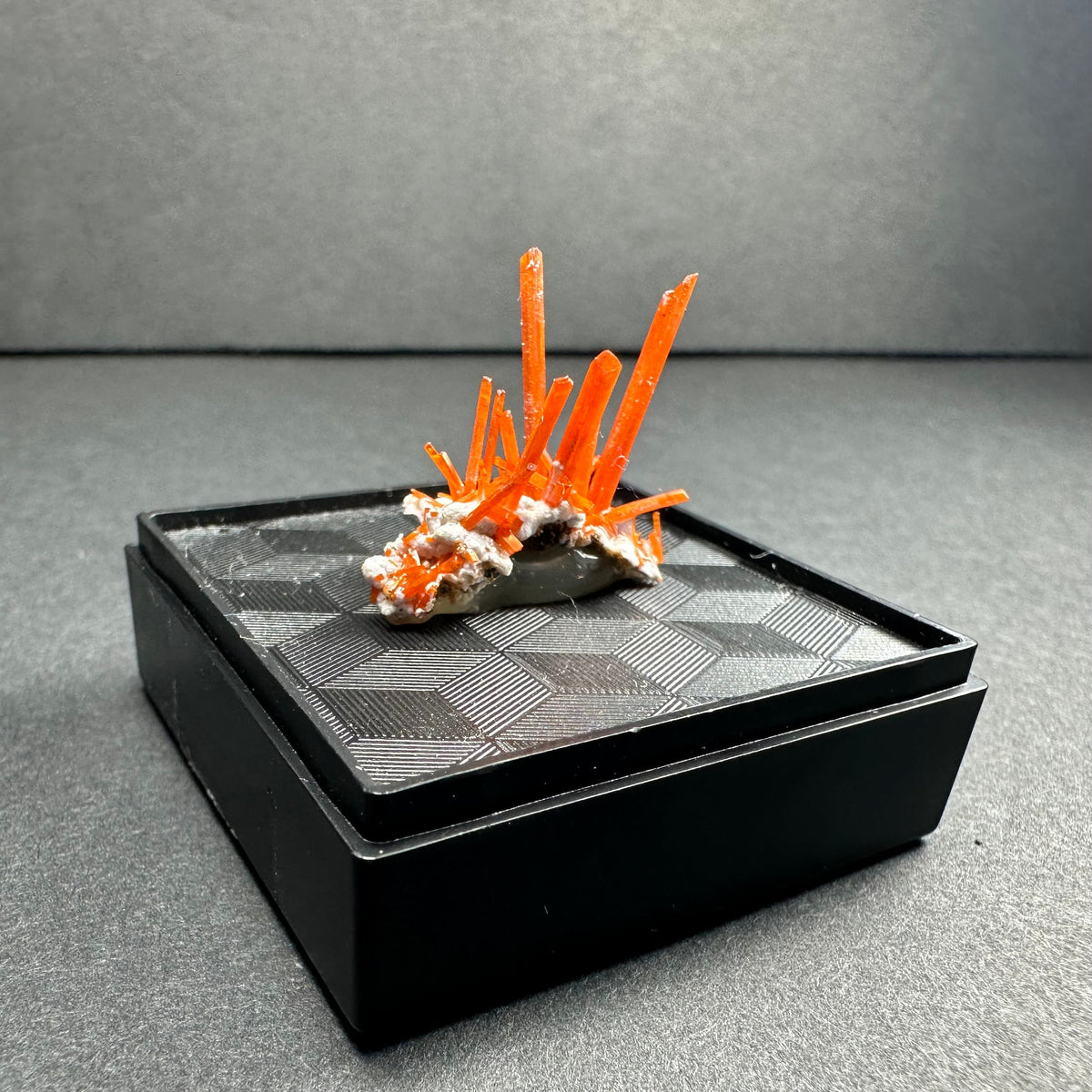 Cluster of vibrant orange crocoite crystals growing upright from a white matrix, displayed on a textured black platform with a geometric pattern.