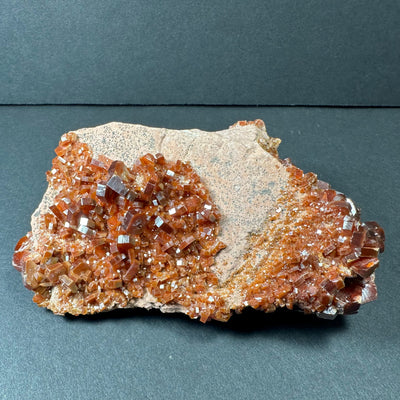Close-up of Vanadinite Cluster on Matrix from Mibladen, Morocco showing bright orange hexagonal crystals on a grey matrix.