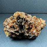 Cluster of orange-brown wulfenite crystals densely covering a rough, gray-brown matrix rock with a hollow central cavity, displayed against a dark background.