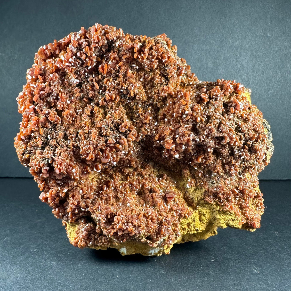 Cluster of reddish-orange vanadinite crystals densely covering an irregular yellowish matrix, displayed against a dark gray background with visible crystalline texture.