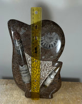 Polished dark brown matrix stone sculpture with visible white ammonite and orthoceras fossils, displayed with a yellow ruler for scale, standing on a textured surface.