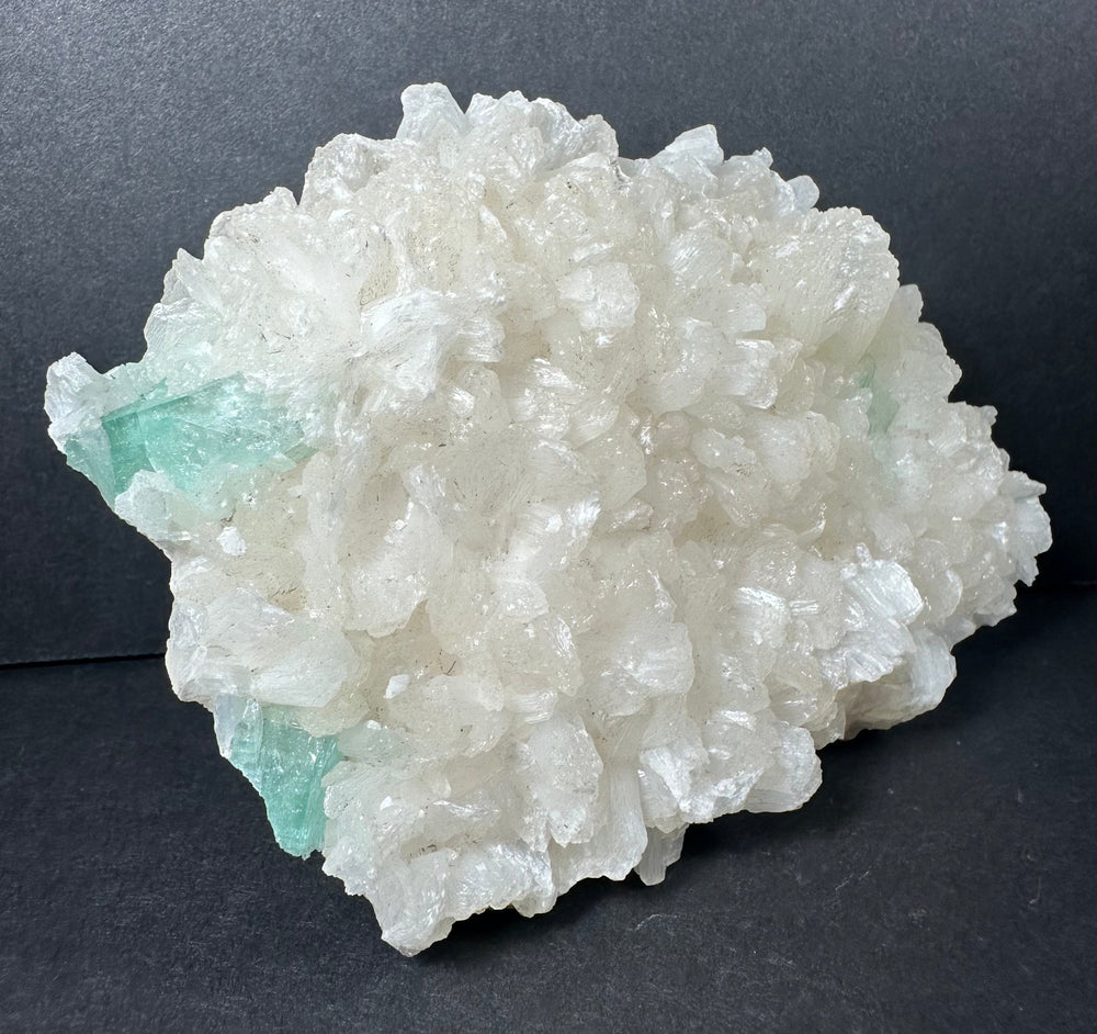 Ocean Green Apophyllite with Stilbite crystals on mineral matrix from India