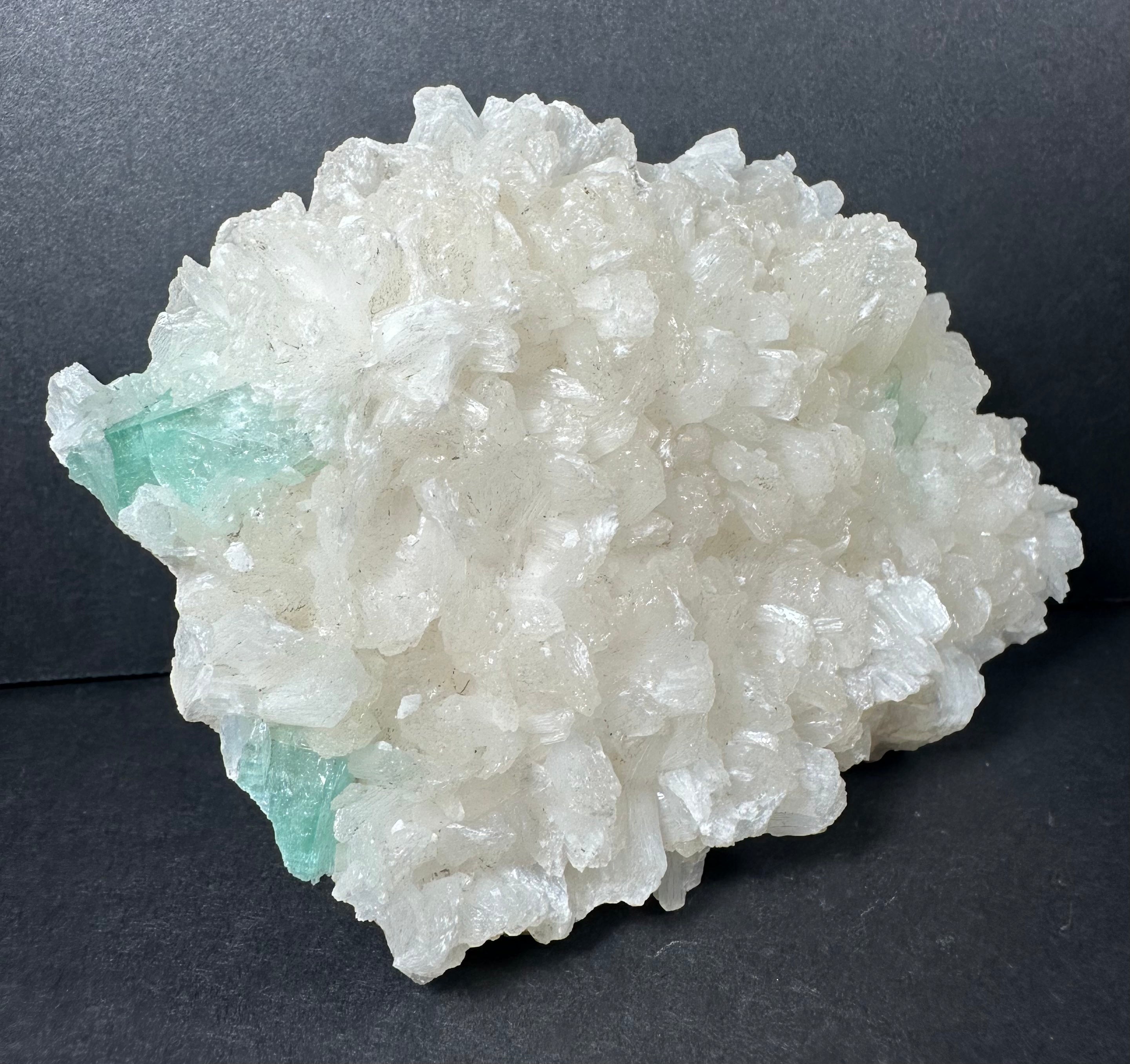 Ocean Green Apophyllite with Stilbite crystals on mineral matrix from India