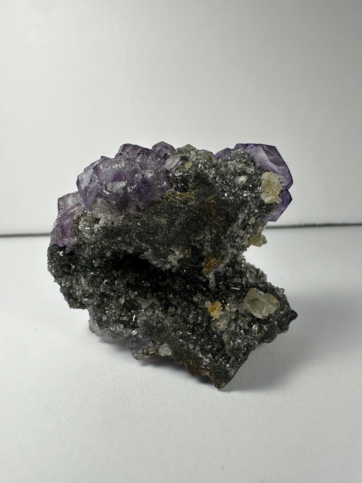 Purple dodecahedral fluorite crystals clustered on a dark, textured matrix with small white calcite formations, displayed against a plain white background.