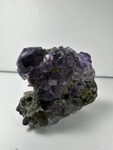 Cluster of translucent purple dodecahedral fluorite crystals with cubical shapes resting on a dark, rough calcite matrix against a plain light background.