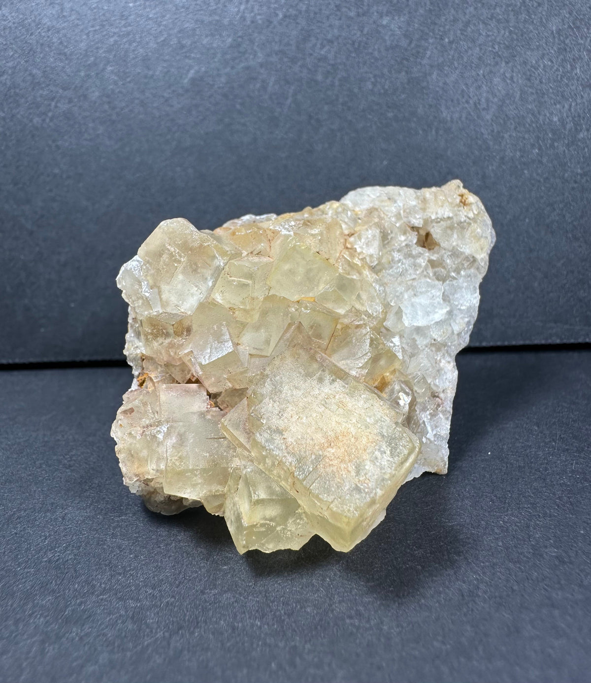 Cluster of yellow fluorite crystals with translucent cubic shapes and rough white mineral matrix on a dark gray surface and background.