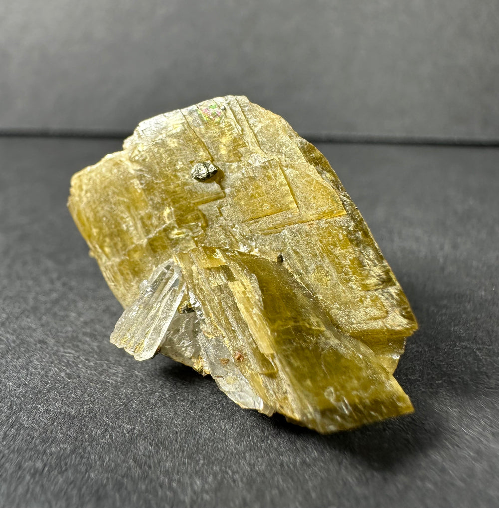 Yellowish translucent diamond quartz crystal cluster resting on a darker siderite matrix against a dark gray background.
