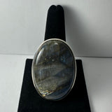 Oval labradorite ring with metallic blue and gray flashes set in a simple silver bezel, displayed upright on a black velvet ring holder.
