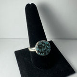 Silver ring with a round Tibetan turquoise stone displaying a mottled black and blue pattern, shown on a black velvet ring holder against a light gray background.