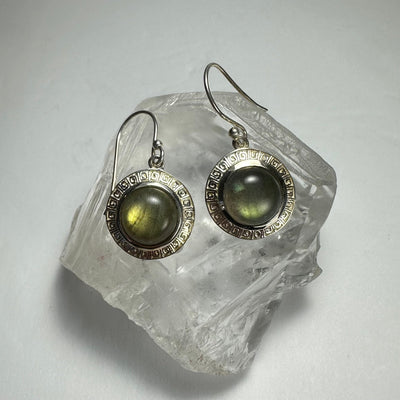 Pair of labradorite drop earrings in sterling silver setting with iridescent colors