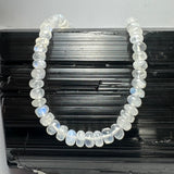 Close-up of Moonstone Rondele Bead Necklace showing moonstone beads and sterling silver chain