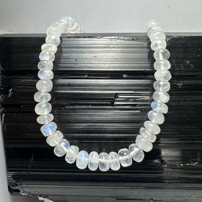 Close-up of Moonstone Rondele Bead Necklace showing moonstone beads and sterling silver chain