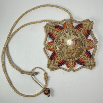 Hand Woven Flower Necklace showing jasper stone pendant and macrame woven necklace in earthy tones