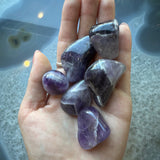Hand holding six large polished tumbled stones with purple, white, and gray banded patterns against a bluish-gray stone surface background.