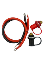 Red and black heavy-duty cables with ring terminals paired with red and black remote battery jump post connectors featuring protective caps.