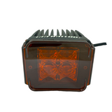 Square LED pod light with a black heat sink and an orange translucent lens cover, showing four LED lenses inside and a rear power cable