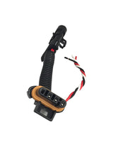 Black plastic electrical plug with a tan rubber seal and a short coiled black corrugated tube, connected to a twisted black, white, and red wire extending from a white background.