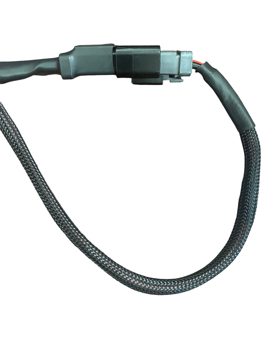 Black braided cable with a clear plastic-covered connector and a black locking clip, shown isolated on a white background.