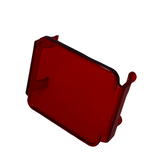 Transparent red rectangular LED pod lens cover with small side tabs, shown at a slight angle on a white background.