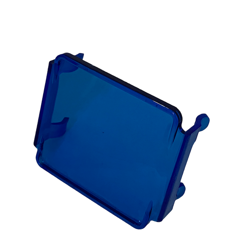 Rectangular translucent blue plastic cover with small hooks on edges, angled to show depth against a white background.