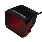 Black rectangular LED light pod with a red lens cover and ribbed heat sink housing, labeled 'Helighting' on top, angled view with cable extending from the back.