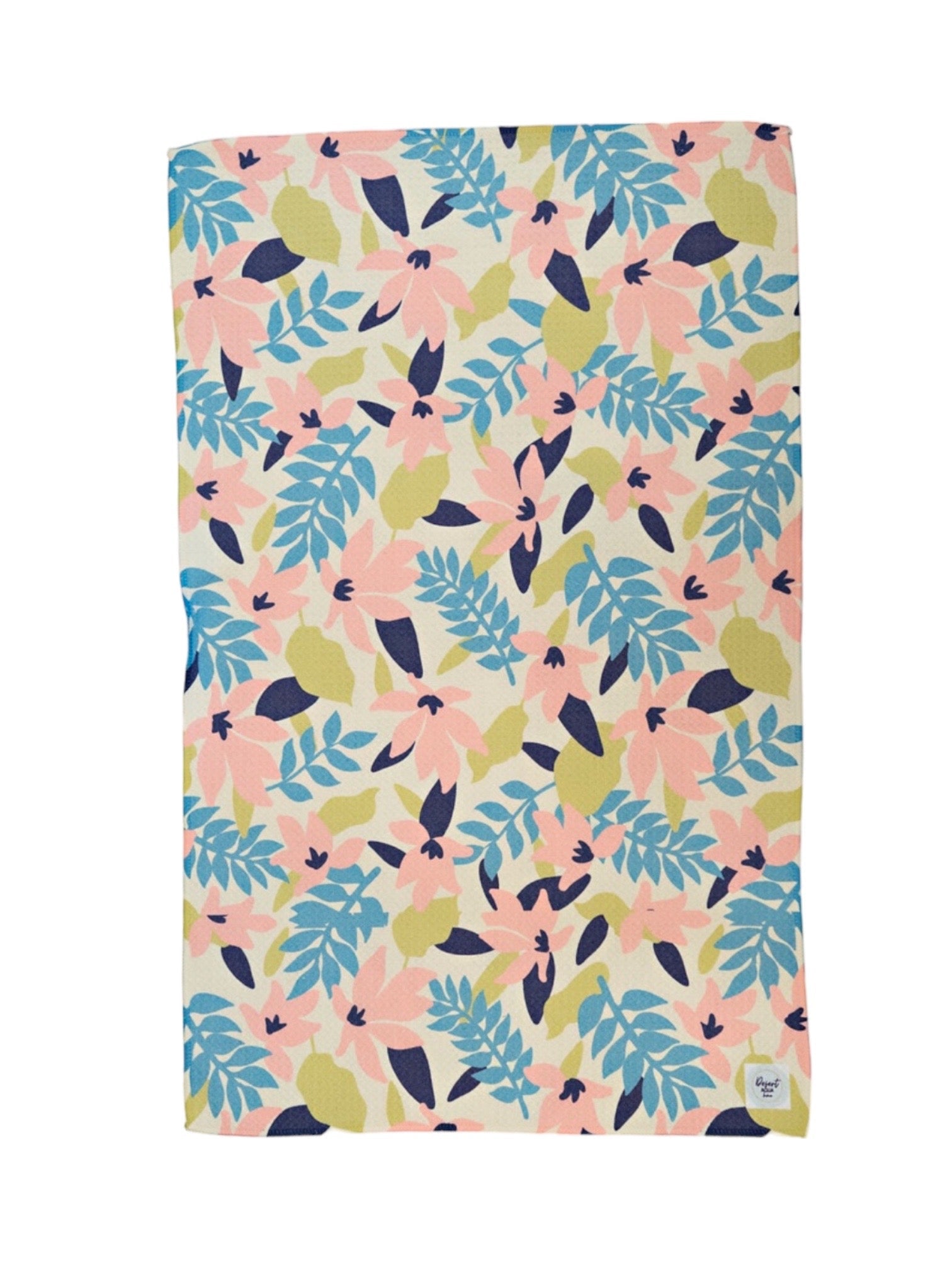 Photo of WALLFLOWER Kitchen Towel folded and draped, displaying colorful designer prints in Denim, Navy, Blush, and Green Tea hues.