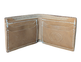 Open tan leather bifold wallet with white stitching and embossed circular Enrico Bartolini logo on inner right side, featuring multiple card slots.