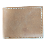 Rectangular brown leather wallet with visible stitching along edges and slight wear marks on surface, shown flat against white background.