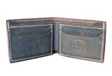 Open brown leather wallet with visible stitching, two card slots on each side, and a round embossed logo stamp on the right interior panel.