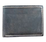 Rectangular dark brown leather wallet with visible brown stitching along edges, shown closed against a white background.