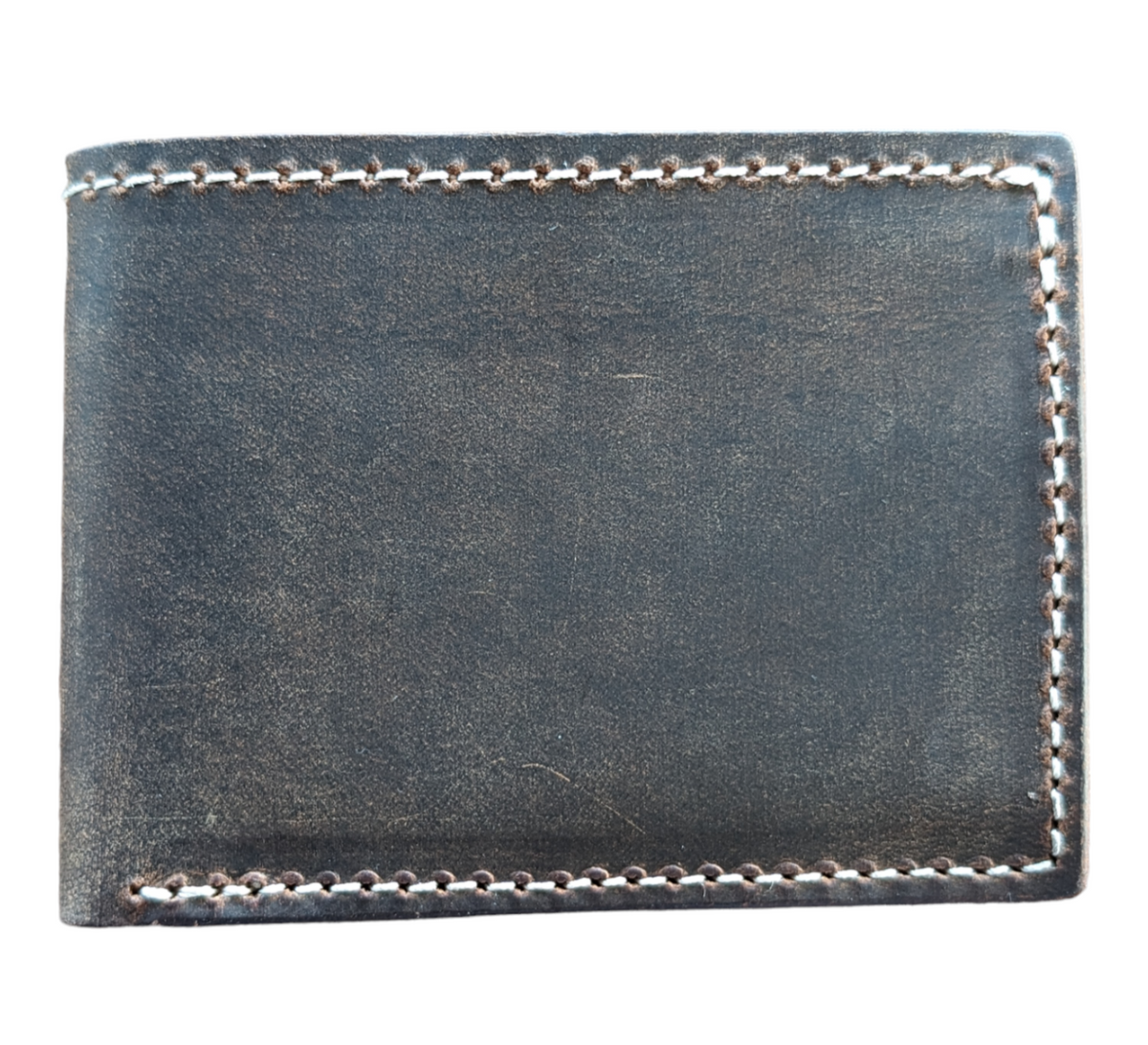 Rectangular dark brown leather wallet with visible brown stitching along edges, shown closed against a white background.