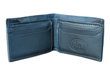 Open black leather wallet with card slots on both sides and embossed Enrico Bartolini logo on the right inner panel.
