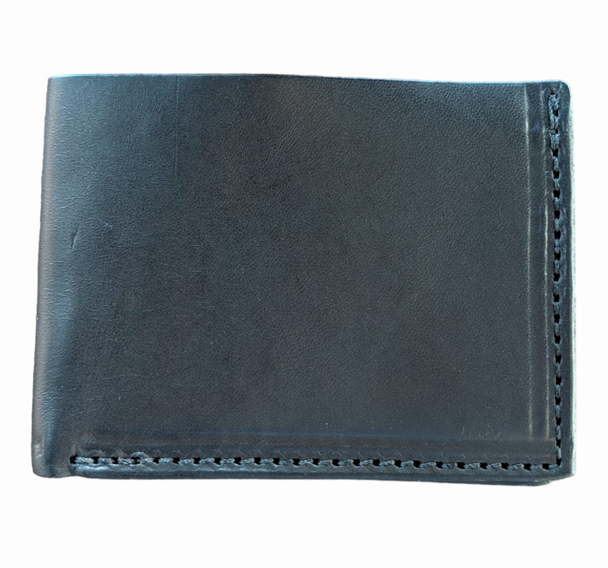Black leather bifold wallet with visible stitching along edges, showing a smooth surface and minimal design, photographed from above on a white background.