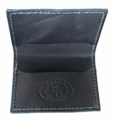 Black leather wallet or card holder with visible stitching and embossed 'Enrico Bartolini' logo inside a circular frame, shown open from above.