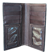Open dark brown leather wallet showing multiple card slots on both sides and two clear ID windows at the bottom corners with neat stitching along the edges.