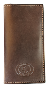 Vertical brown leather wallet with visible stitching and embossed oval logo reading 'Enrico Bartolini' at the bottom center.