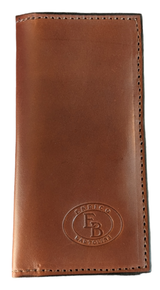 Tall rectangular brown leather wallet with black stitching and embossed oval logo reading 'Enrico Bartolini' and 'EB',' shown closed.