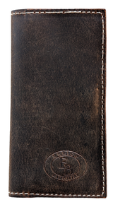 Dark brown leather wallet with visible grain texture, white stitching along edges, and an embossed circular logo near the bottom.
