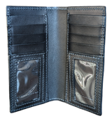 Open black leather wallet with multiple card slots and clear ID windows on both sides, showing detailed stitching along edges.