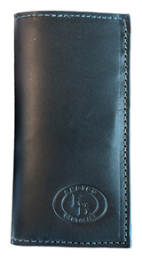 Tall black leather wallet with visible stitching and an embossed logo reading 'Enrico Bartolini EB',