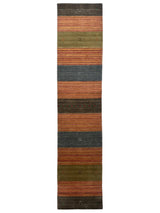 Long narrow hand-loomed rug with horizontal stripes in earthy tones of olive green, rust orange, charcoal gray, and brown, featuring small geometric motifs.