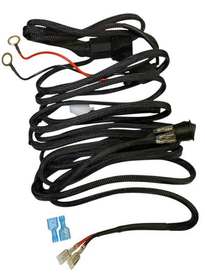 SALE: Single Wiring Harness showing black mesh wrapped wires and round illuminated on/off switch