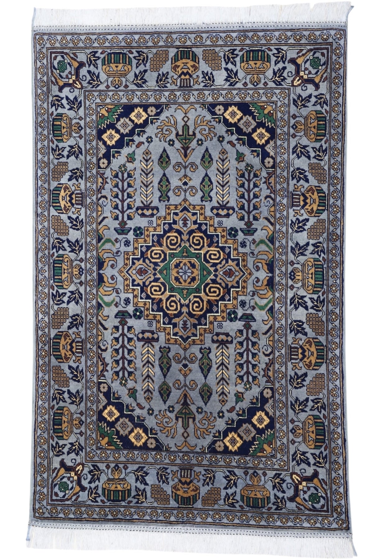 Hand-knotted Afghani Zerkhaki wool rug in silver tones, laid flat showing detailed pattern