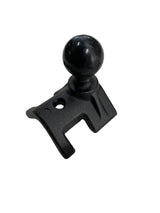 Black plastic mounting bracket with a round ball attachment and a hole for securing, designed for roll cage installation.